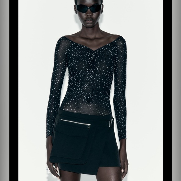 Zara Tops - Zara seamless shimmery rhinestones mesh bodysuit